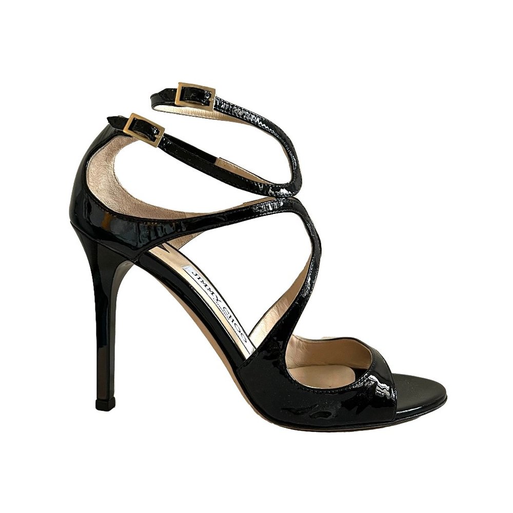 Jimmy Choo 100m Lang Black Patent Leather Strappy Heels